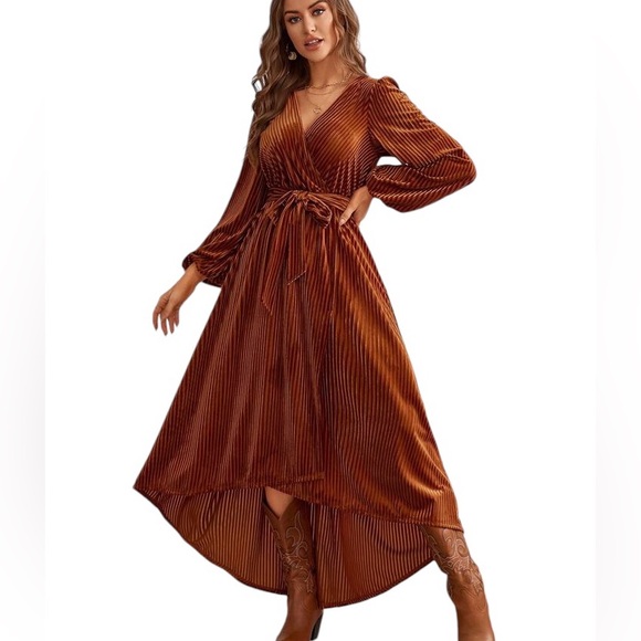 BERRYGO fall midi rust ribbed high long long sleeve V front wrap tie dress NWT - Picture 8 of 10